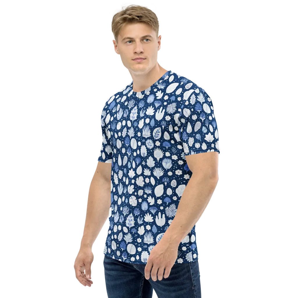 Indigo Herbarium on Men's Crew Neck T-Shirt — Left sleeve