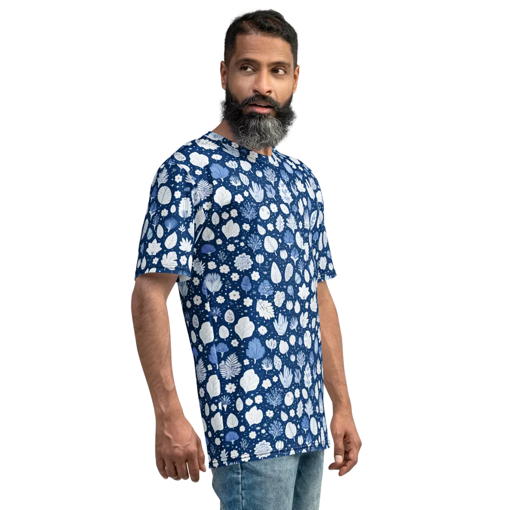 Indigo Herbarium on Men's Crew Neck T-Shirt — Right sleeve
