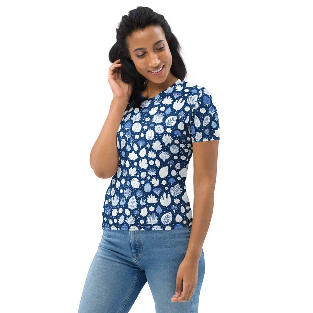 Indigo Herbarium on Women's Crew Neck T-Shirt — Left sleeve