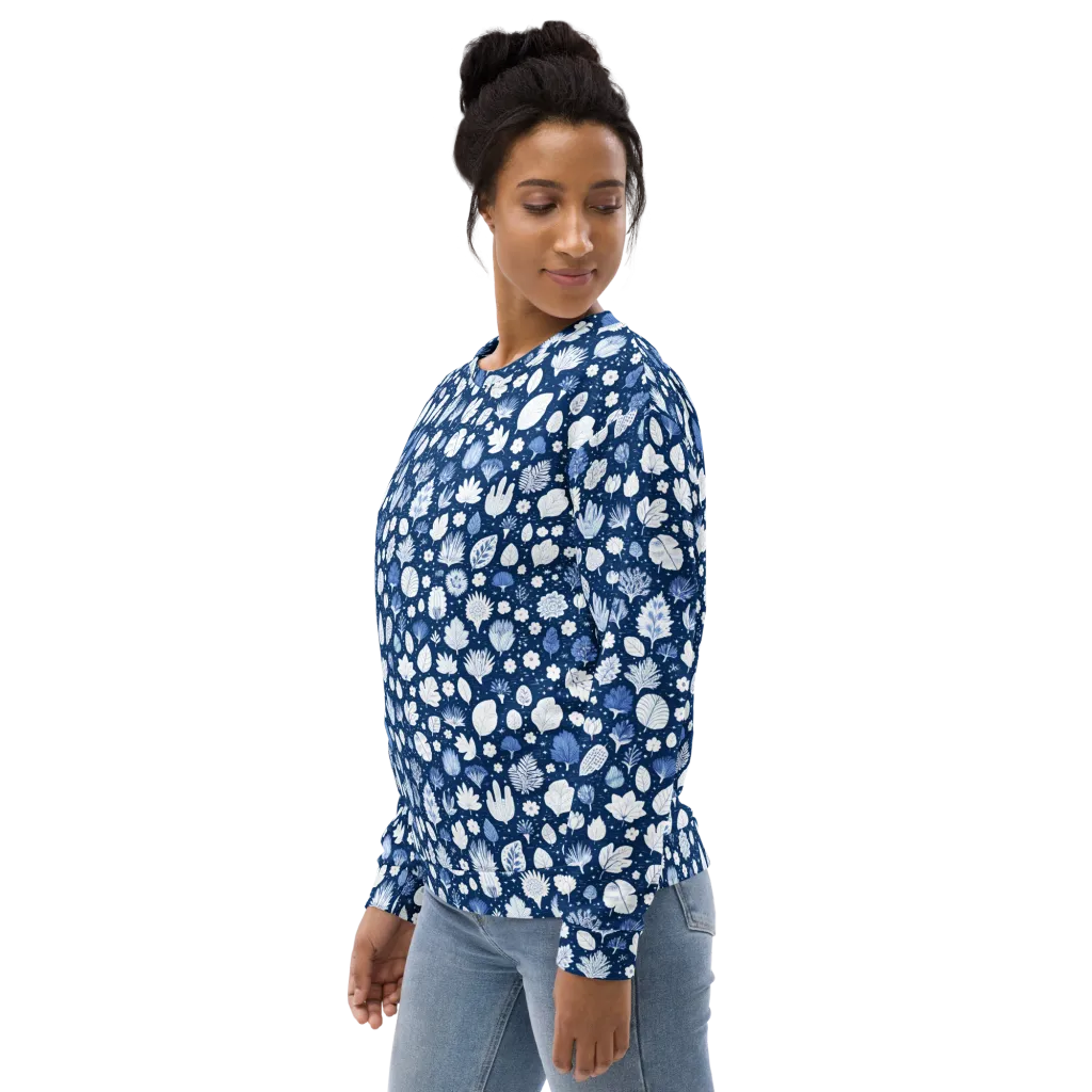 Indigo Herbarium on Sweatshirt — Left sleeve
