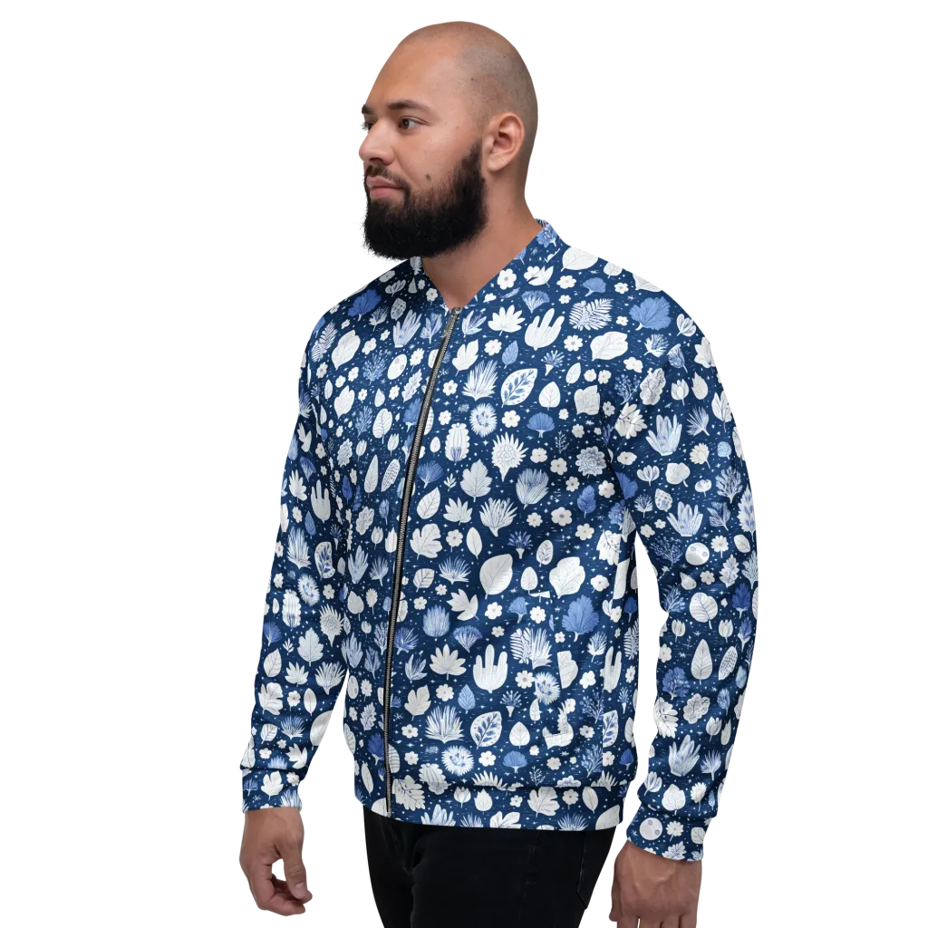 Indigo Herbarium on Bomber Jacket — Left