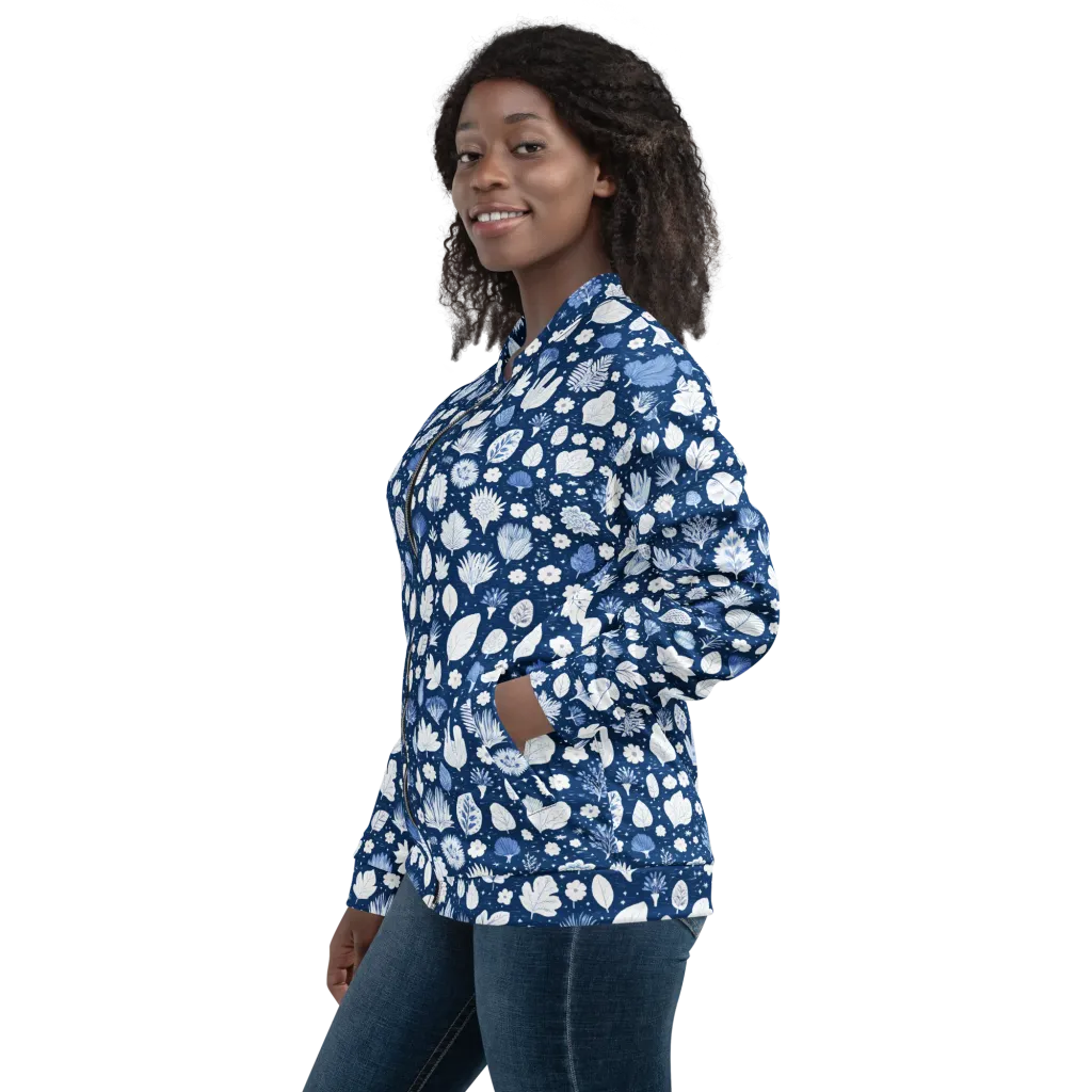 Indigo Herbarium on Bomber Jacket — Left sleeve