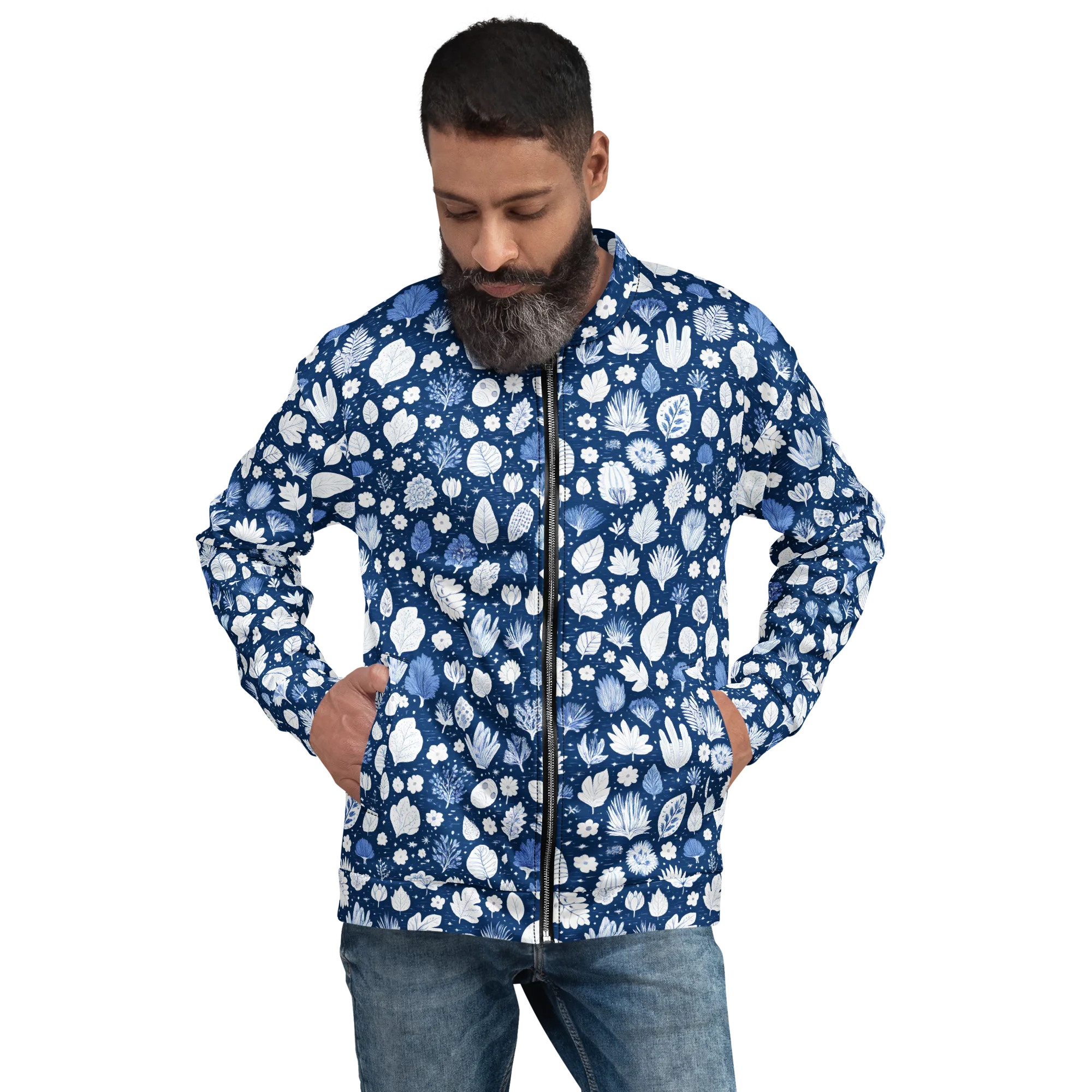 Indigo Herbarium on Bomber Jacket — Front print