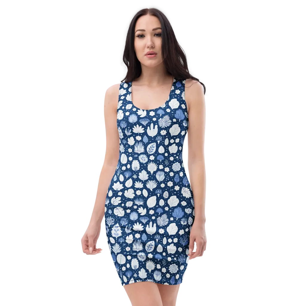 Indigo Herbarium on Bodycon Dress — Front