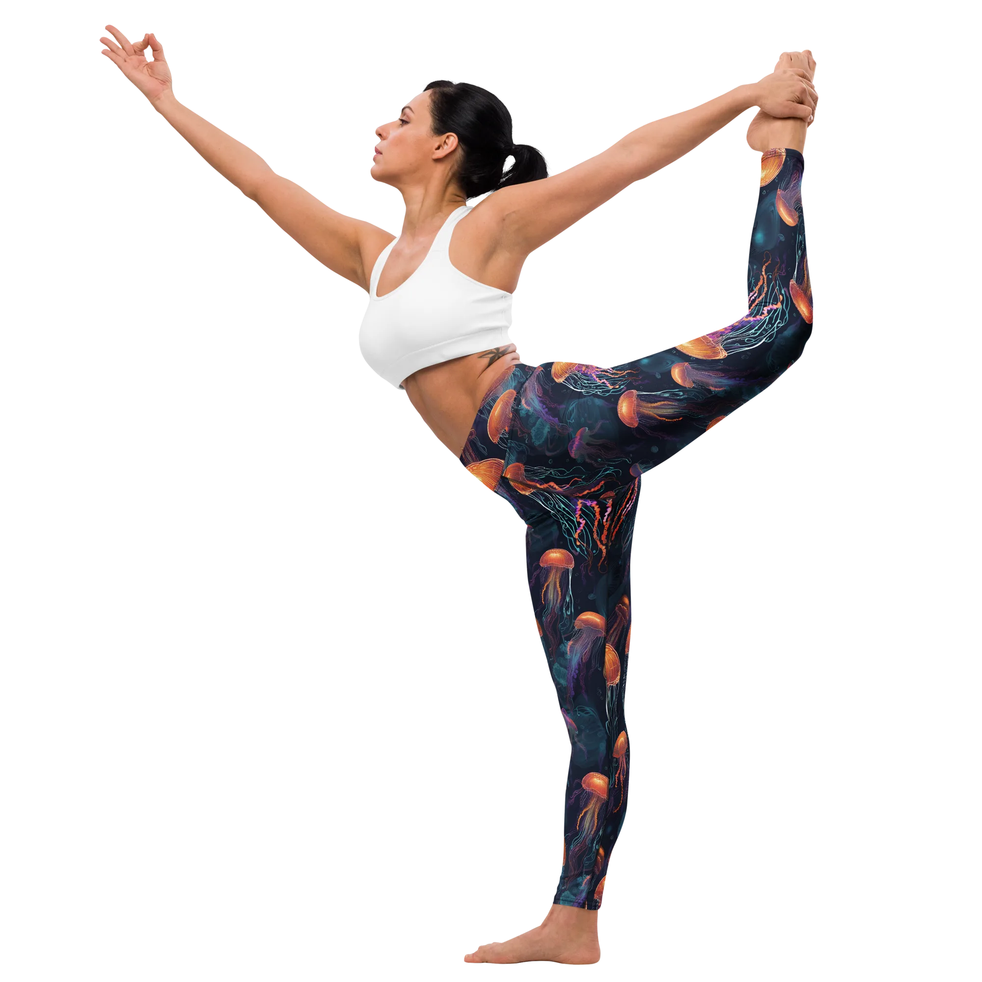 Jellyfish Reverie on Yoga Leggings — Front waist