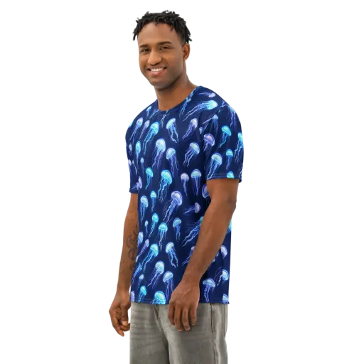 Electric Jellyfish on a Men's Cotton Crew Neck T-Shirt