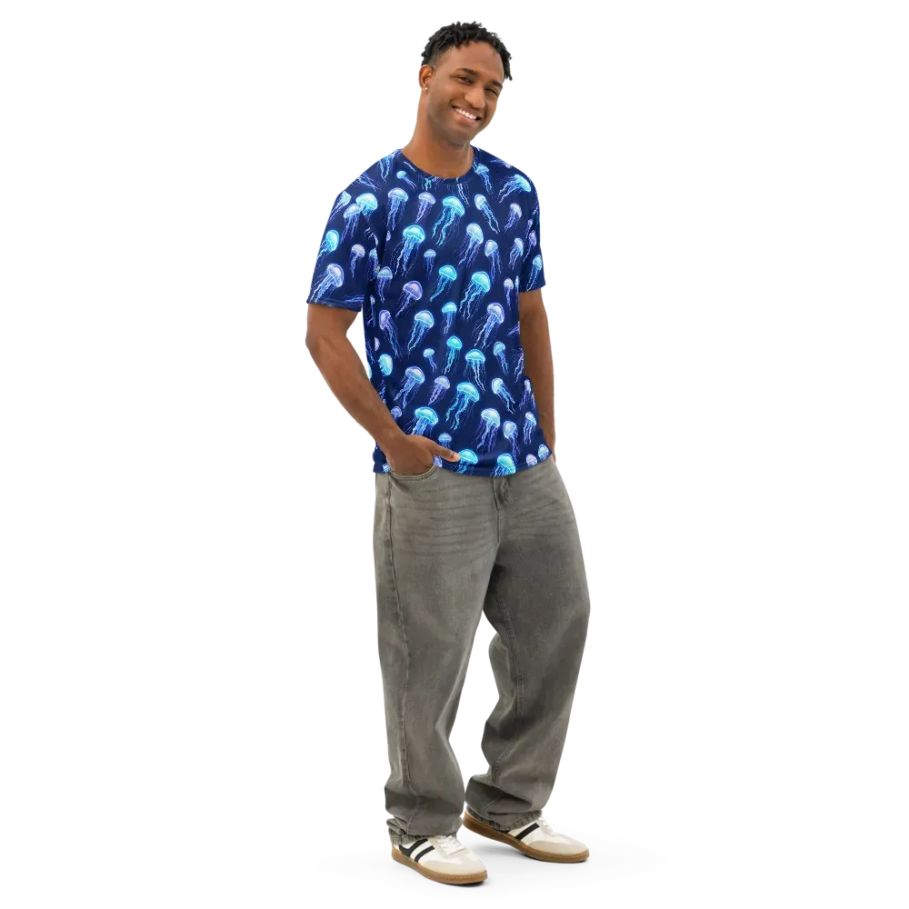 Electric Jellyfish on Men's Cotton Crew Neck T-Shirt — Right Front