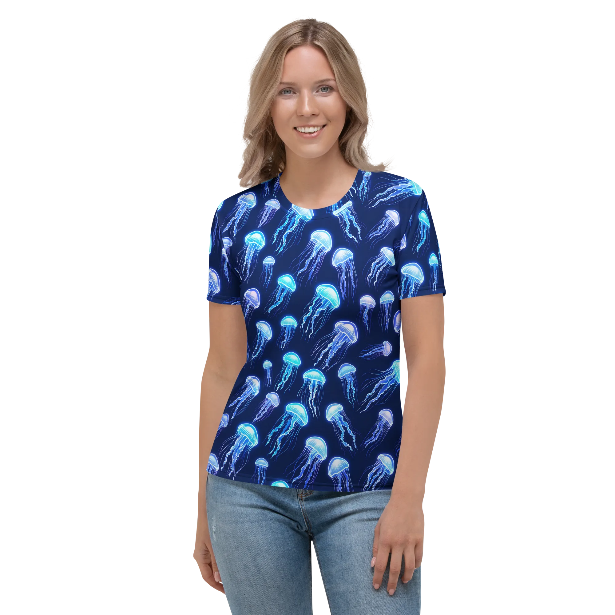 Electric Jellyfish on Women's Crew Neck T-Shirt — Front