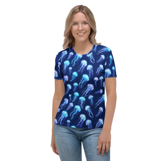 Electric Jellyfish on a Women's Crew Neck T-Shirt
