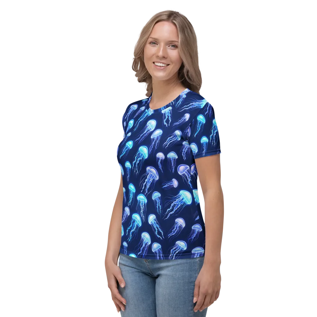 Electric Jellyfish on Women's Crew Neck T-Shirt — Left