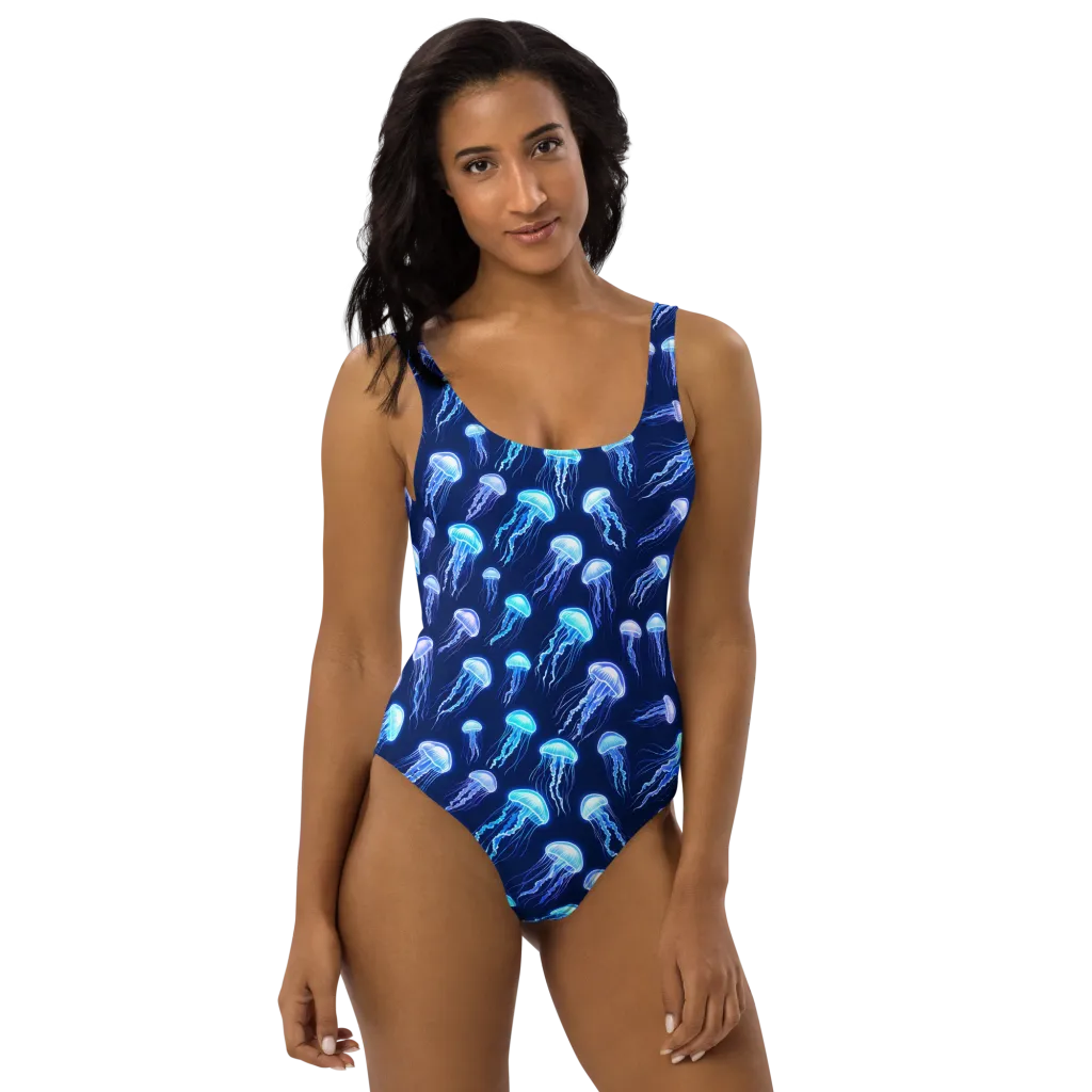 Electric Jellyfish on One-Piece Swimsuit — Front print