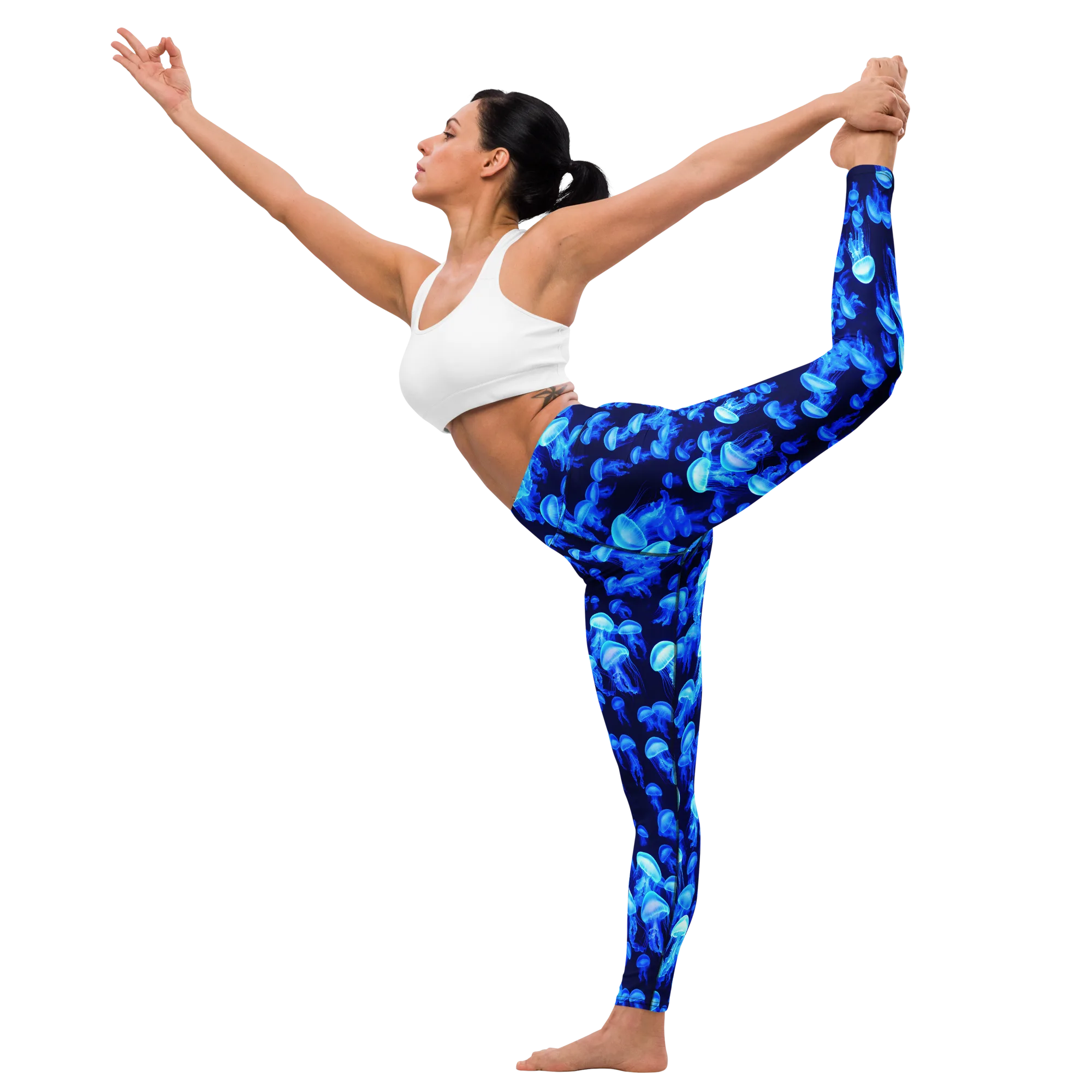 Azure Bloom on Yoga Leggings — Front waist