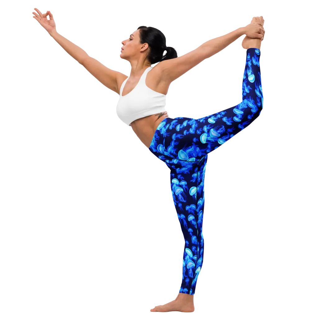 Azure Bloom on Yoga Leggings — Front waist