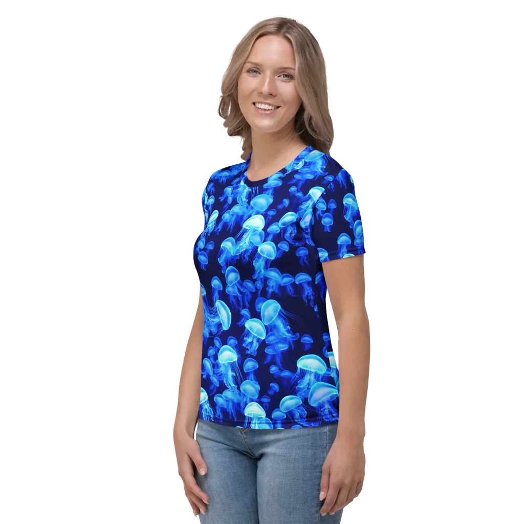 Azure Bloom on Women's Crew Neck T-Shirt — Left