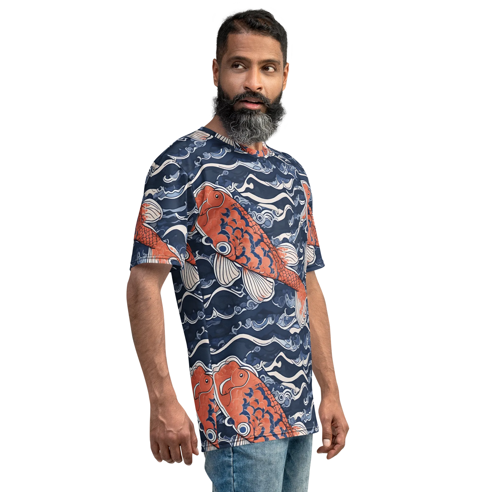 Vermilion Tide on Men's Crew Neck T-Shirt — Right sleeve