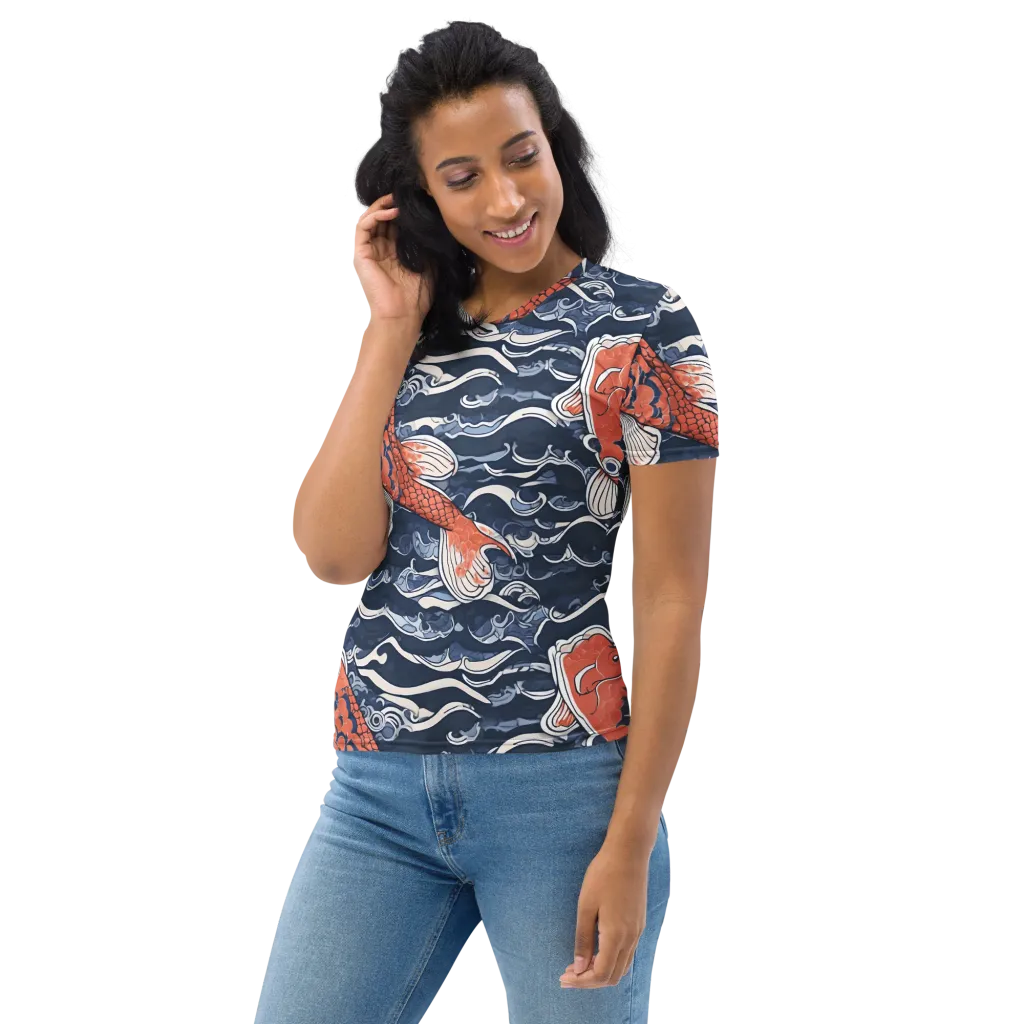 Vermilion Tide on Women's Crew Neck T-Shirt — Left sleeve