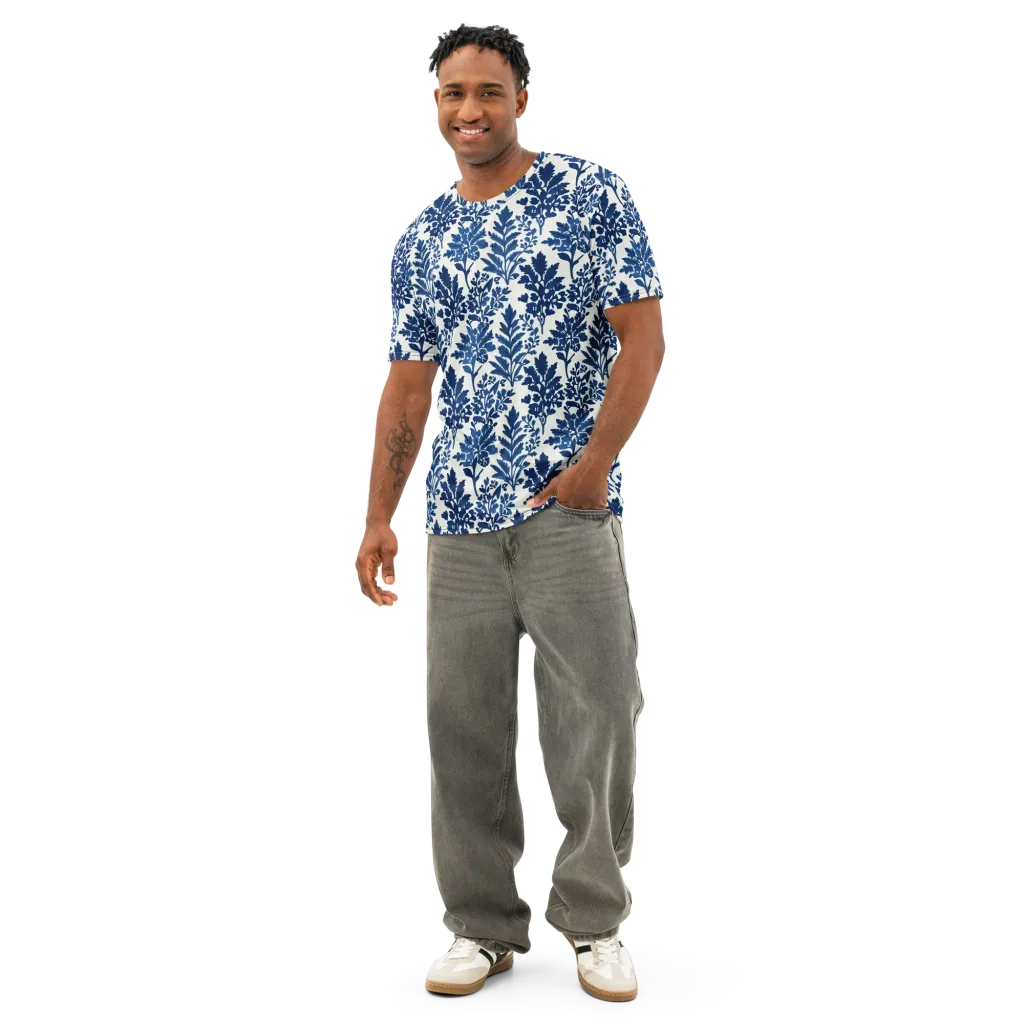 Blue Garden Ledger on Men's Cotton Crew Neck T-Shirt — Front