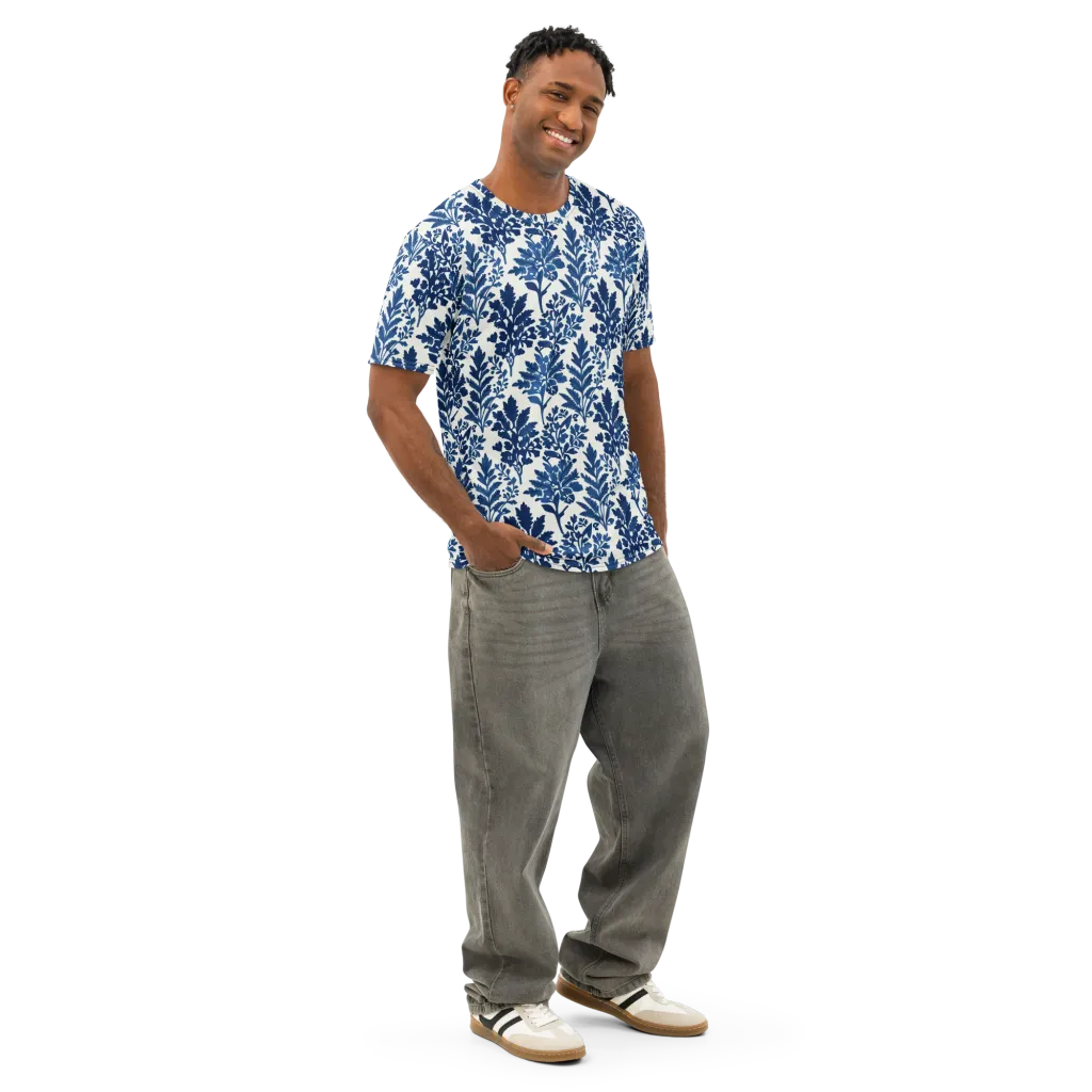 Blue Garden Ledger on Men's Cotton Crew Neck T-Shirt — Right Front