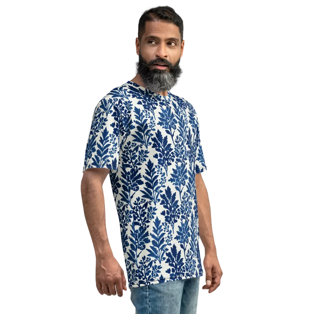 Blue Garden Ledger on Men's Crew Neck T-Shirt — Right sleeve