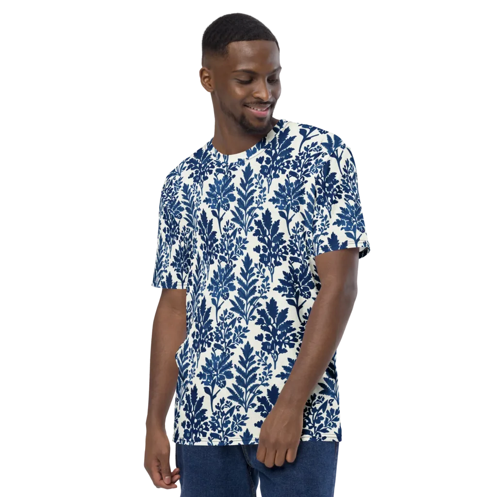 Blue Garden Ledger on Men's Crew Neck T-Shirt — Left sleeve
