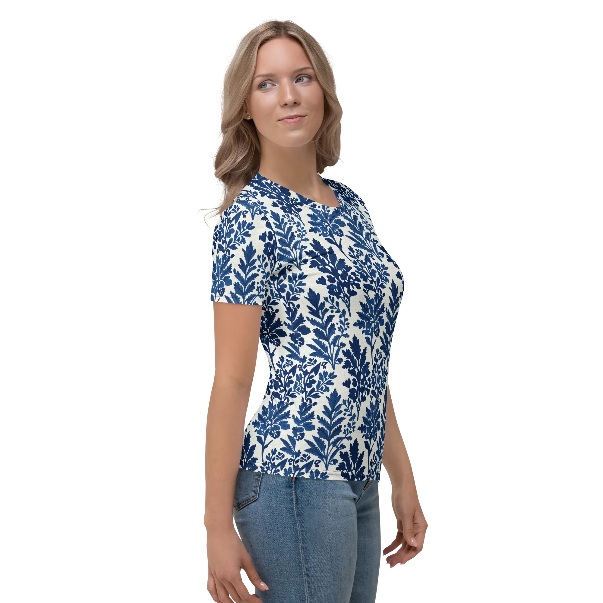 Blue Garden Ledger on Women's Crew Neck T-Shirt — Right sleeve