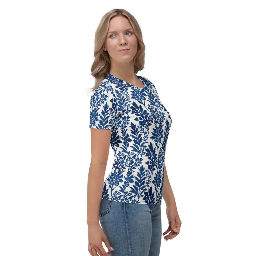 Blue Garden Ledger on Women's Crew Neck T-Shirt — Right sleeve