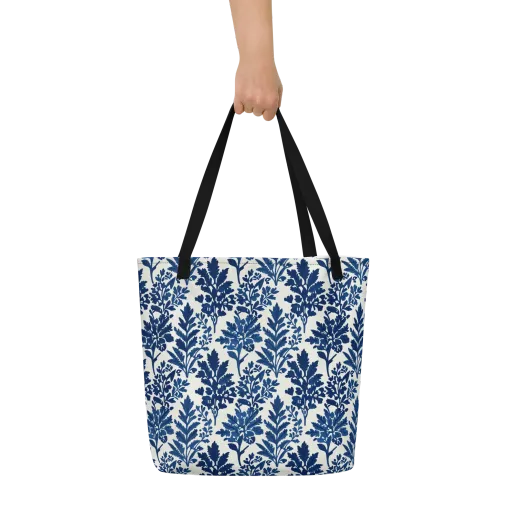 Blue Garden Ledger on a Large Tote Bag W/ Pocket