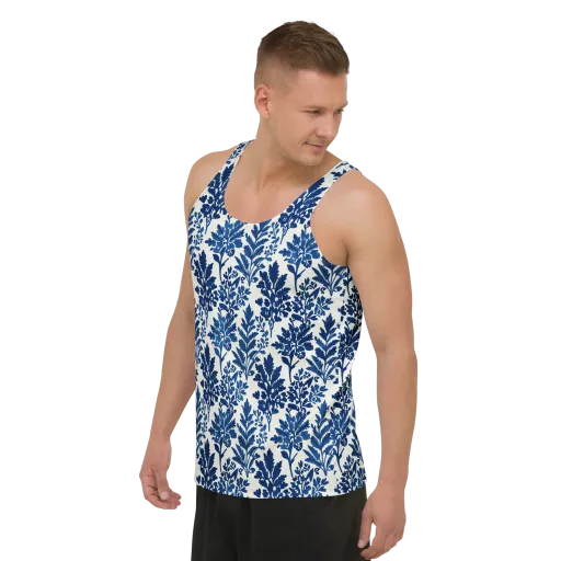 Blue Garden Ledger on a Men's Tank Top