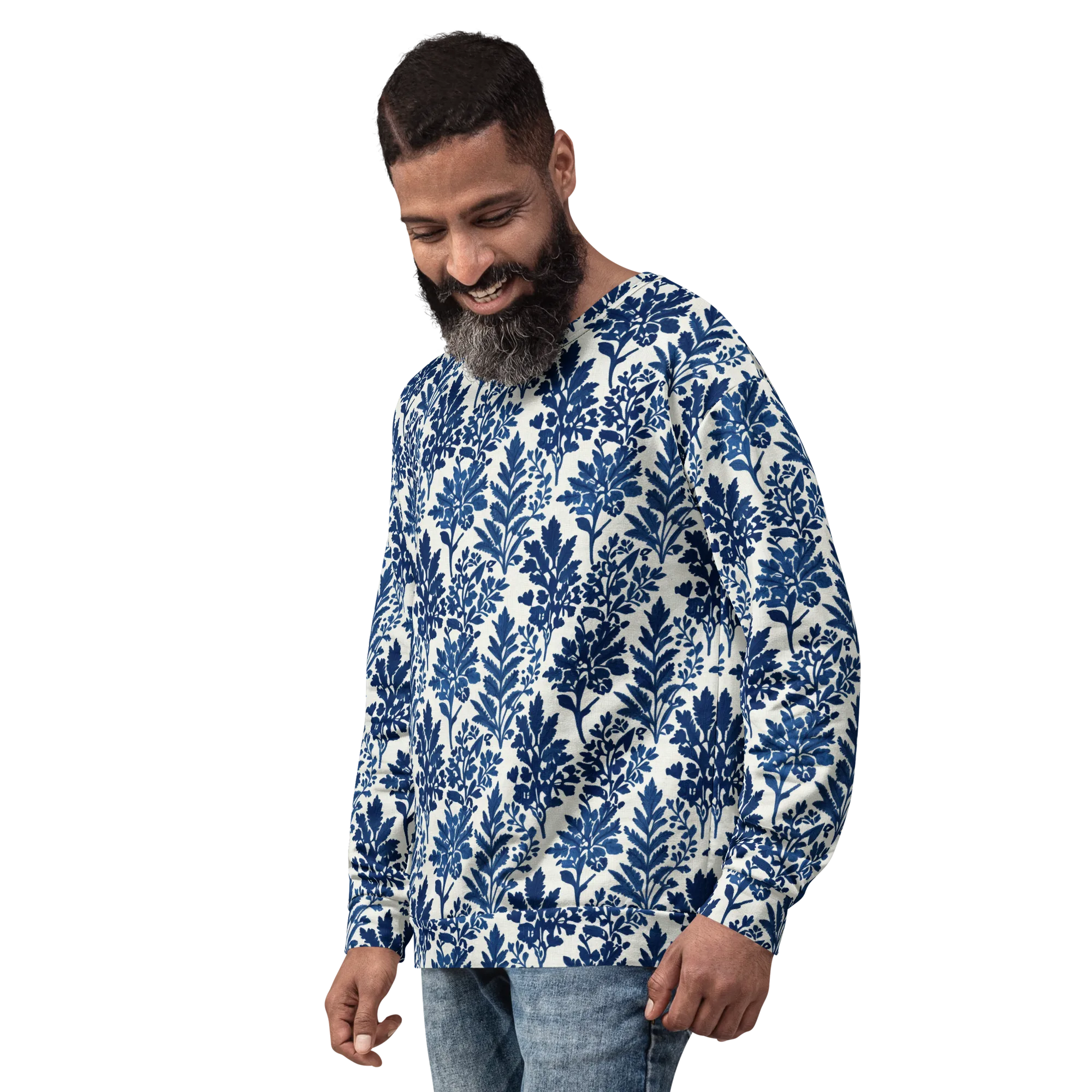 Blue Garden Ledger on Sweatshirt — Left sleeve