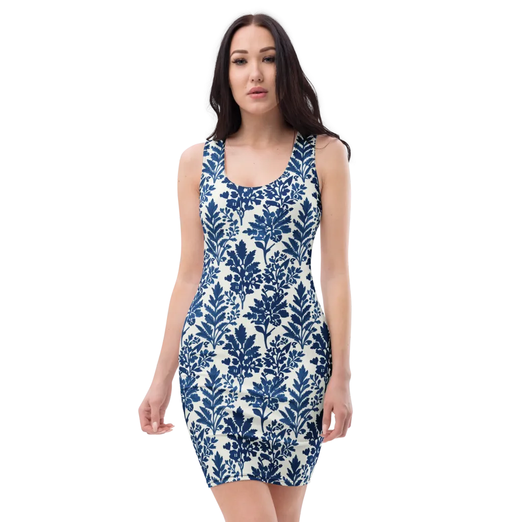 Blue Garden Ledger on Bodycon Dress — Front
