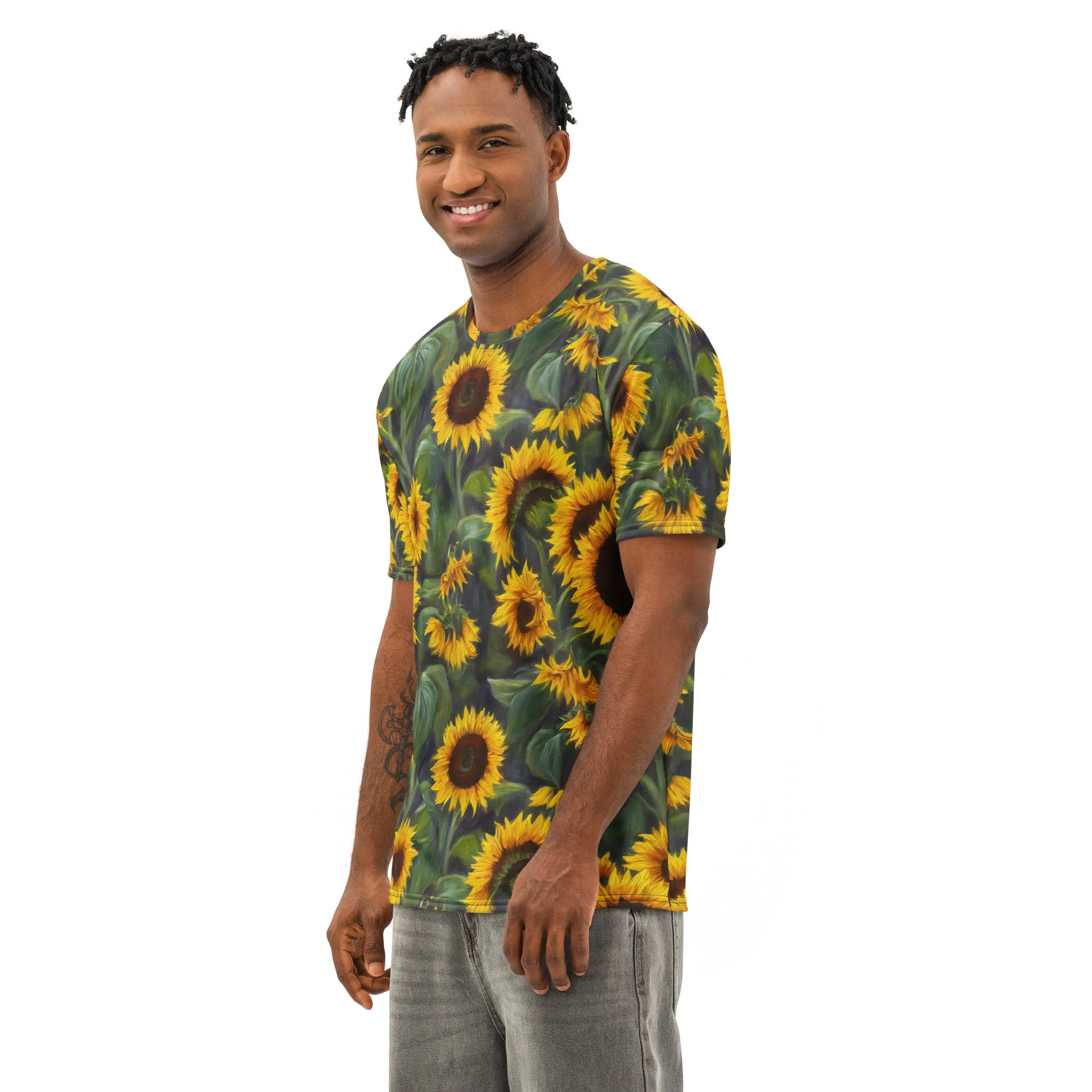Sunflower Nocturne on Men's Cotton Crew Neck T-Shirt — Left Front