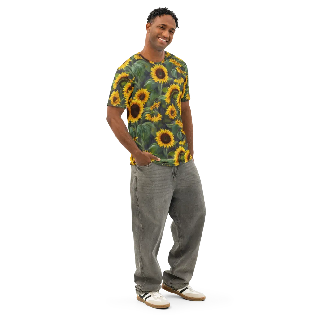 Sunflower Nocturne on Men's Cotton Crew Neck T-Shirt — Right Front