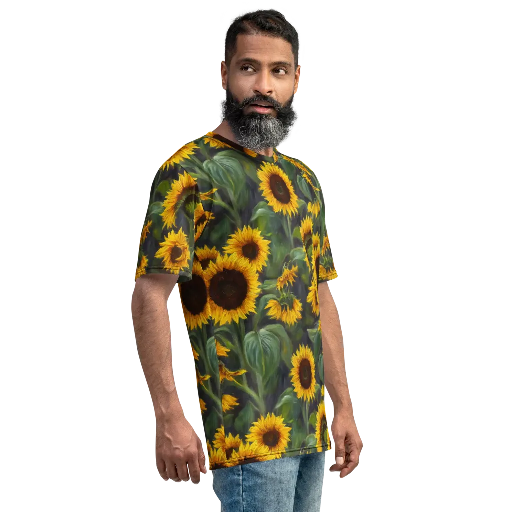 Sunflower Nocturne on Men's Crew Neck T-Shirt — Right sleeve