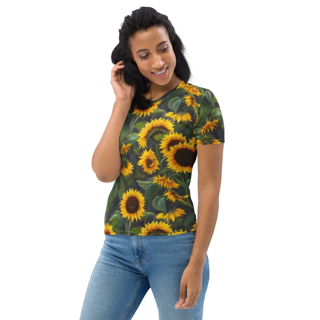 Sunflower Nocturne on Women's Crew Neck T-Shirt — Left sleeve
