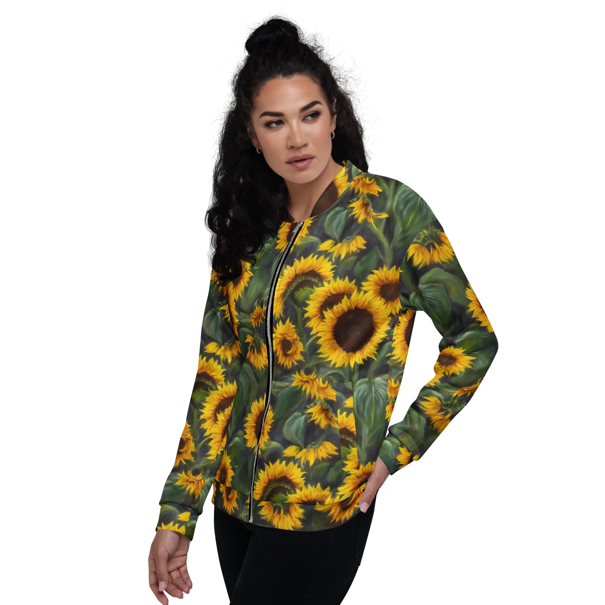 Sunflower Nocturne on Bomber Jacket — Left sleeve