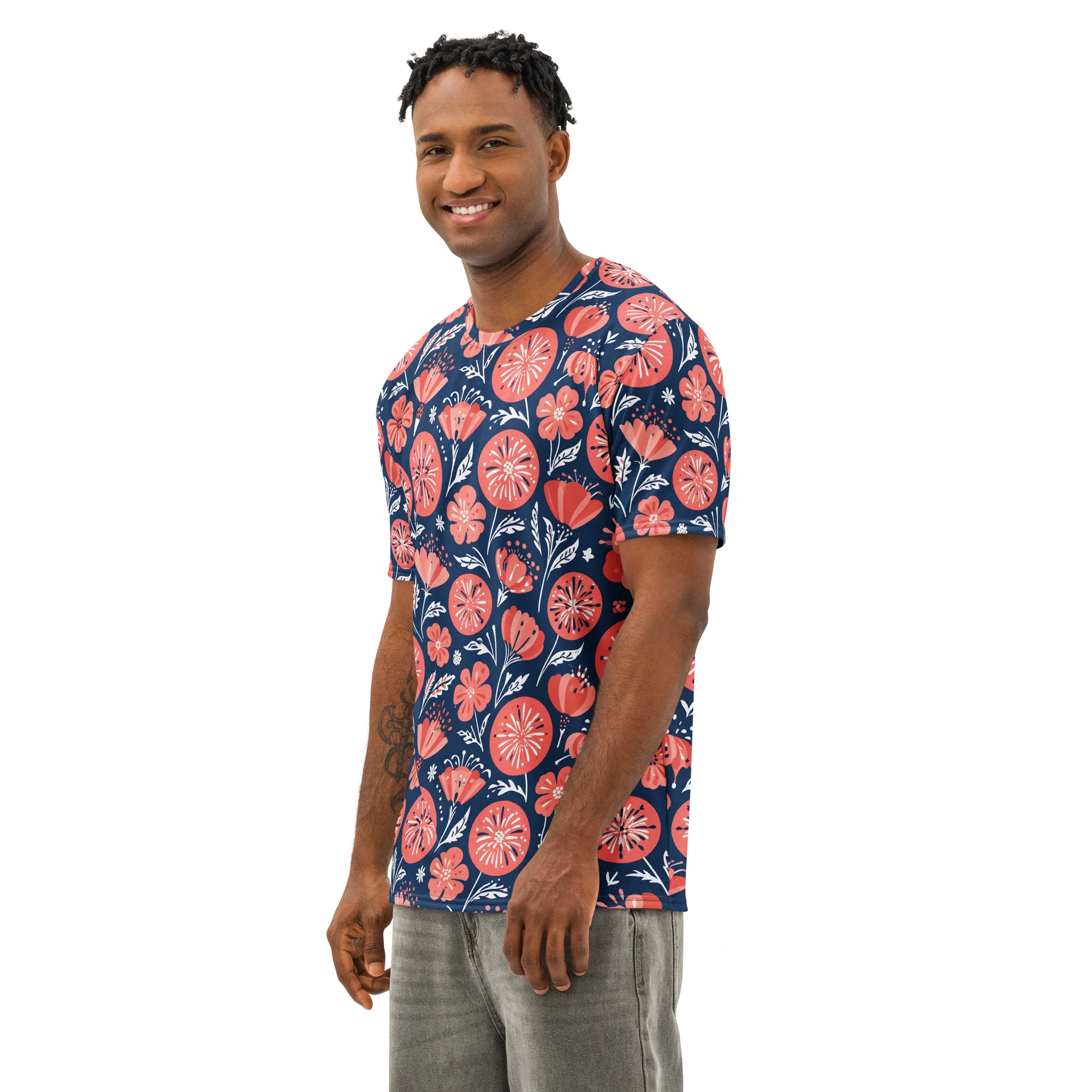 Midnight Bloom on Men's Cotton Crew Neck T-Shirt — Left Front
