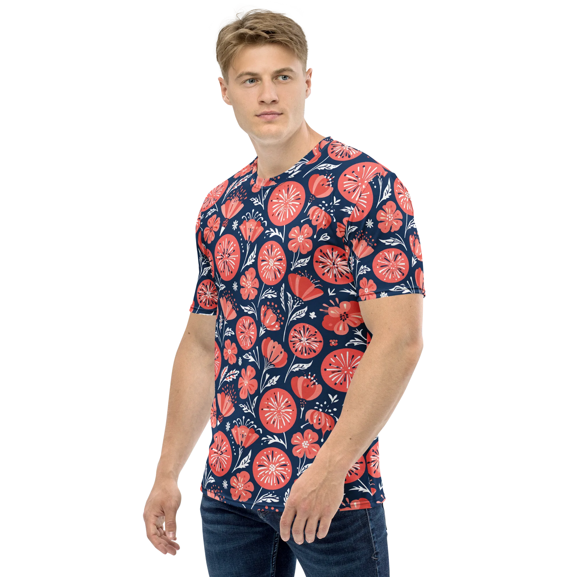 Midnight Bloom on Men's Crew Neck T-Shirt — Left sleeve