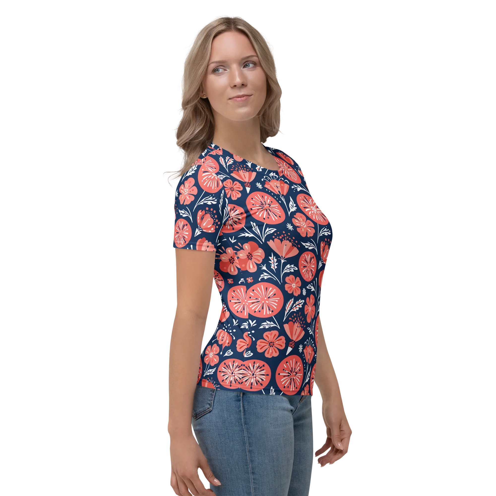 Midnight Bloom on Women's Crew Neck T-Shirt — Right sleeve
