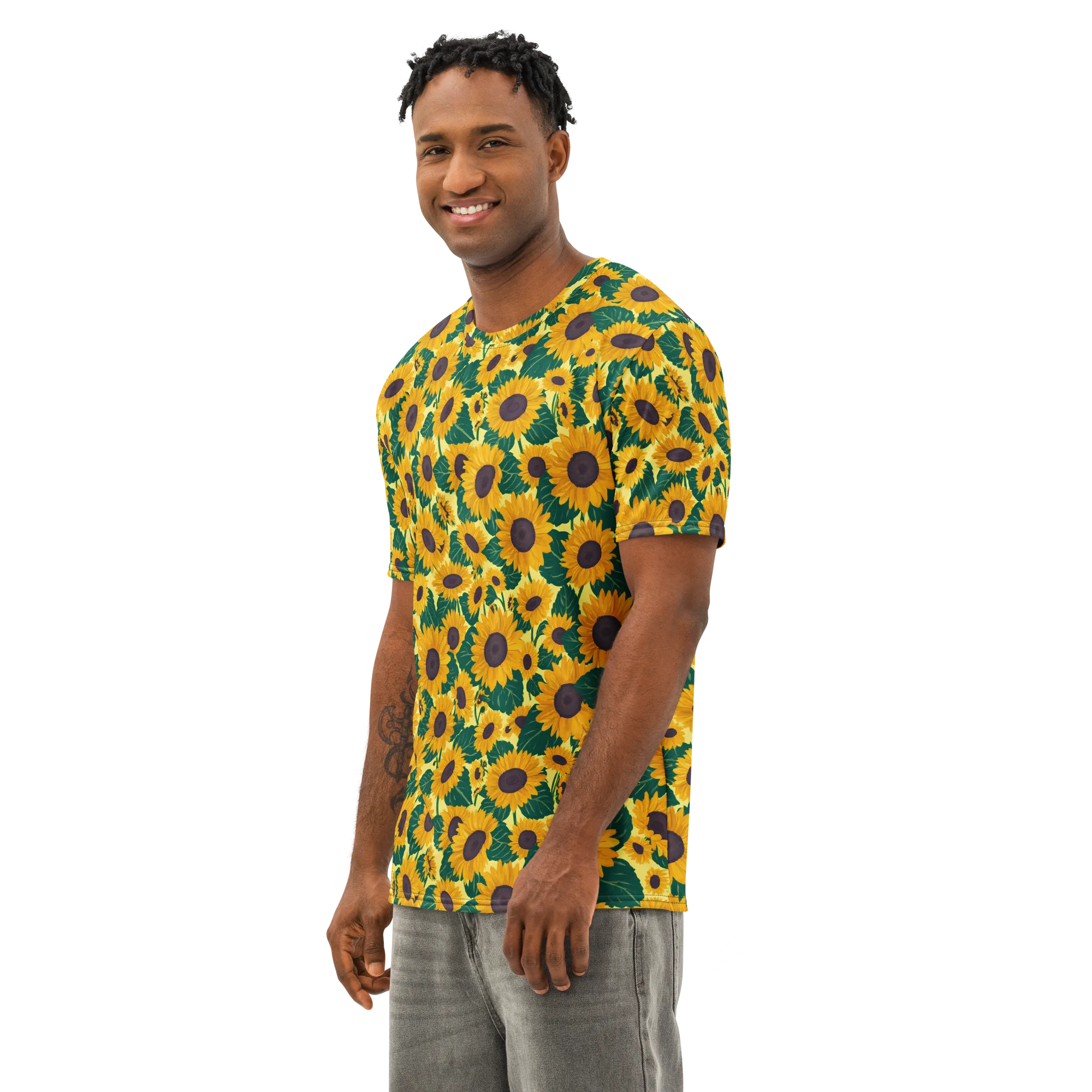 Sunlit Sunflower on Men's Cotton Crew Neck T-Shirt — Left Front