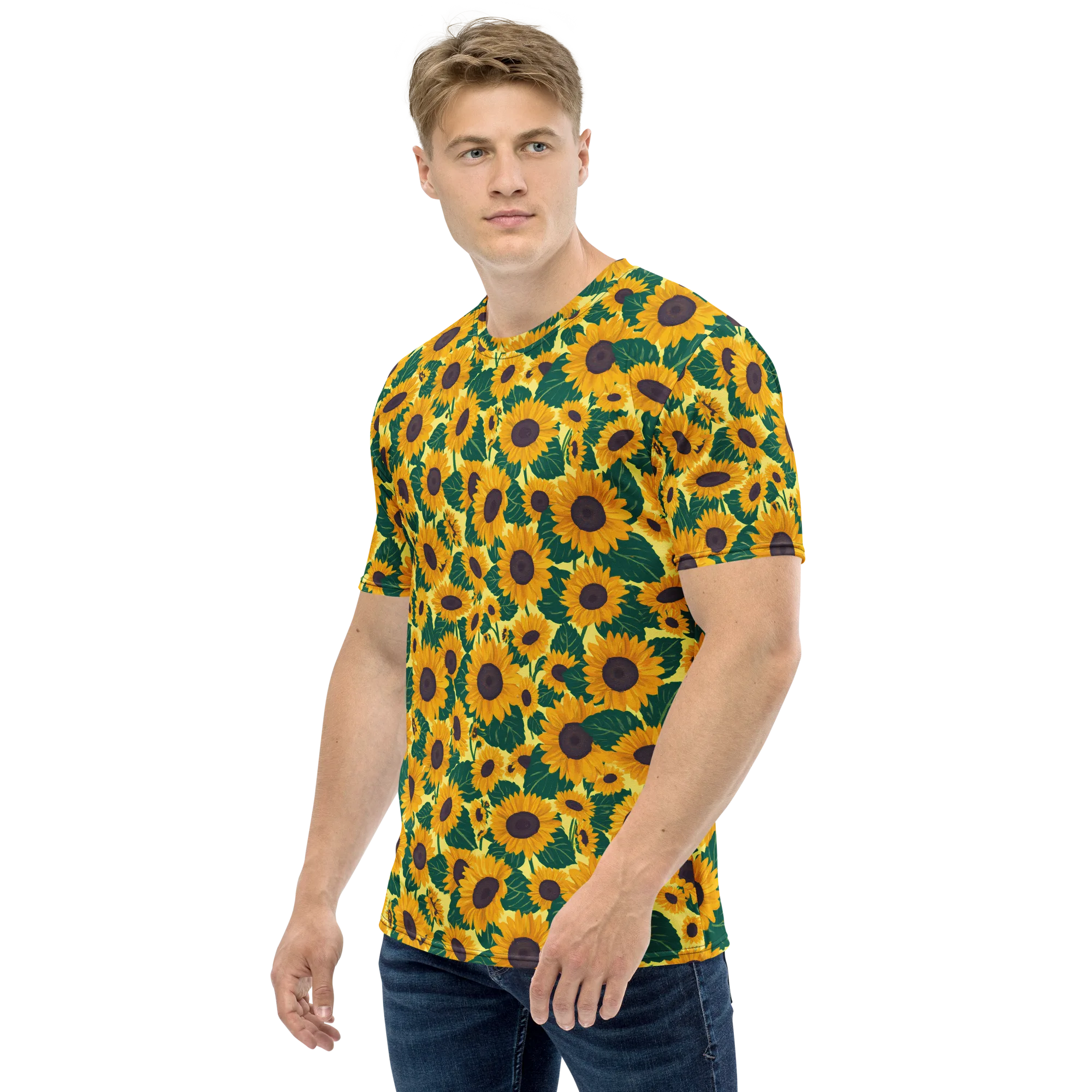 Sunlit Sunflower on Men's Crew Neck T-Shirt — Left sleeve