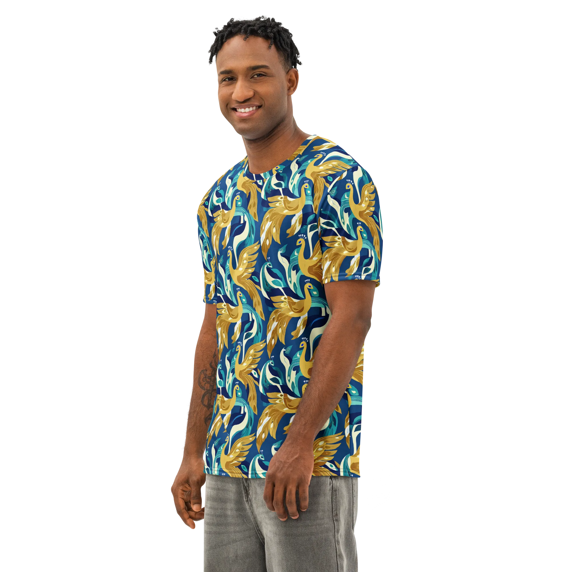 Gilded Peacock Tide on Men's Cotton Crew Neck T-Shirt — Left Front