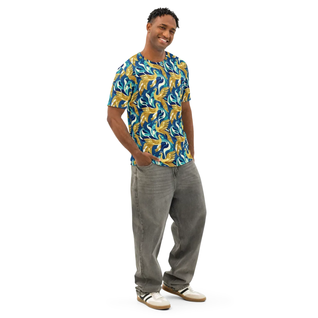 Gilded Peacock Tide on Men's Cotton Crew Neck T-Shirt — Right Front