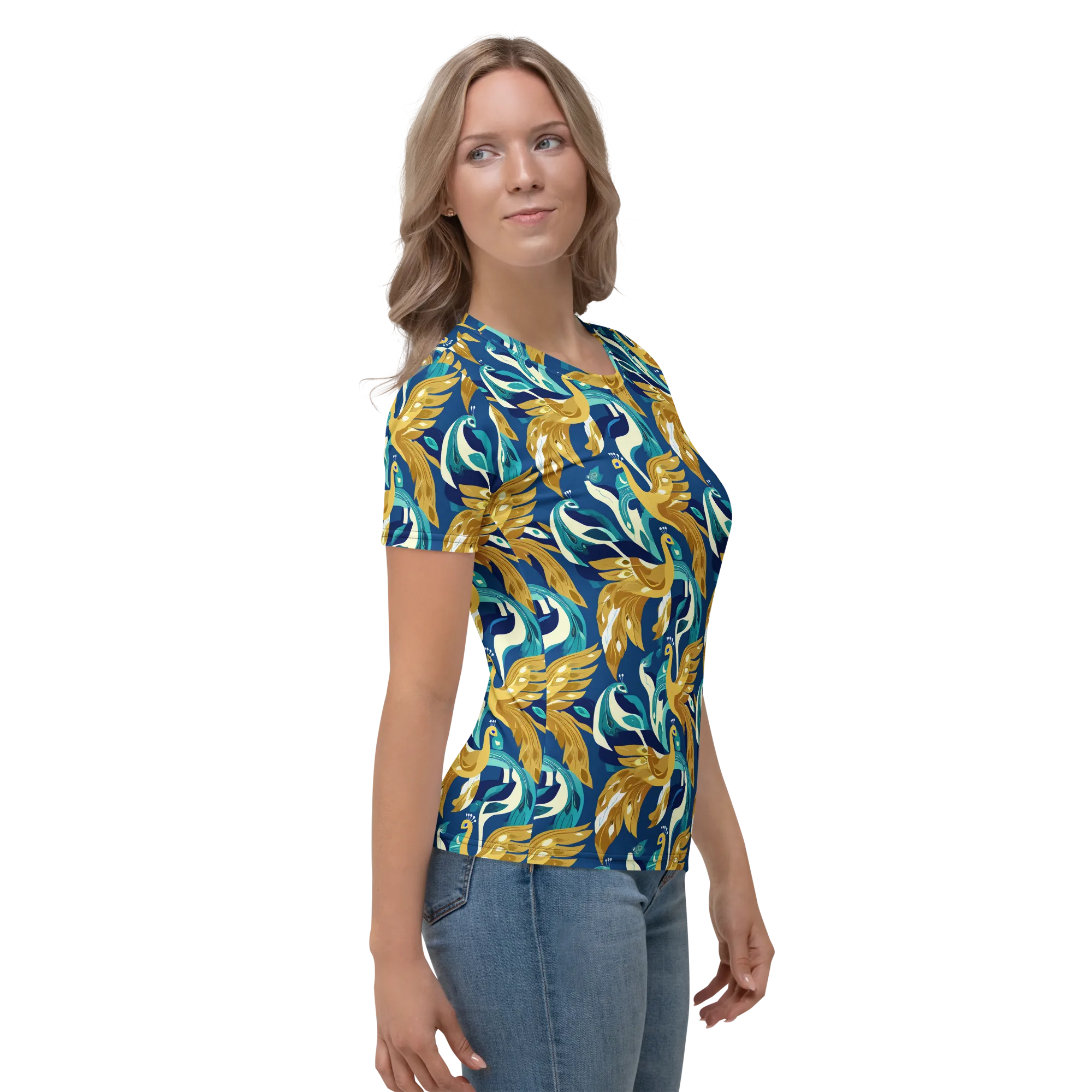 Gilded Peacock Tide on Women's Crew Neck T-Shirt — Right sleeve
