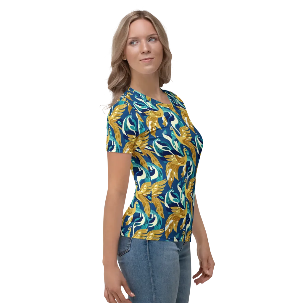 Gilded Peacock Tide on Women's Crew Neck T-Shirt — Right sleeve