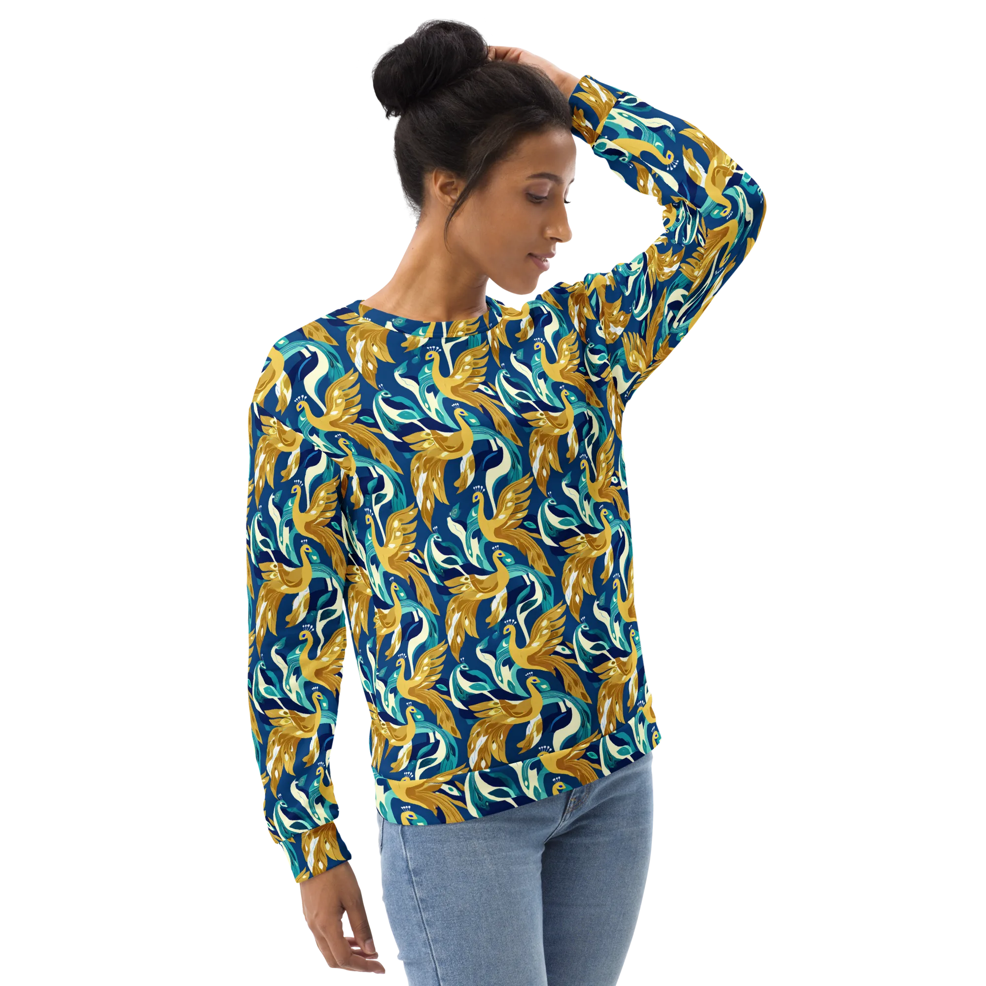 Gilded Peacock Tide on Sweatshirt — Right sleeve