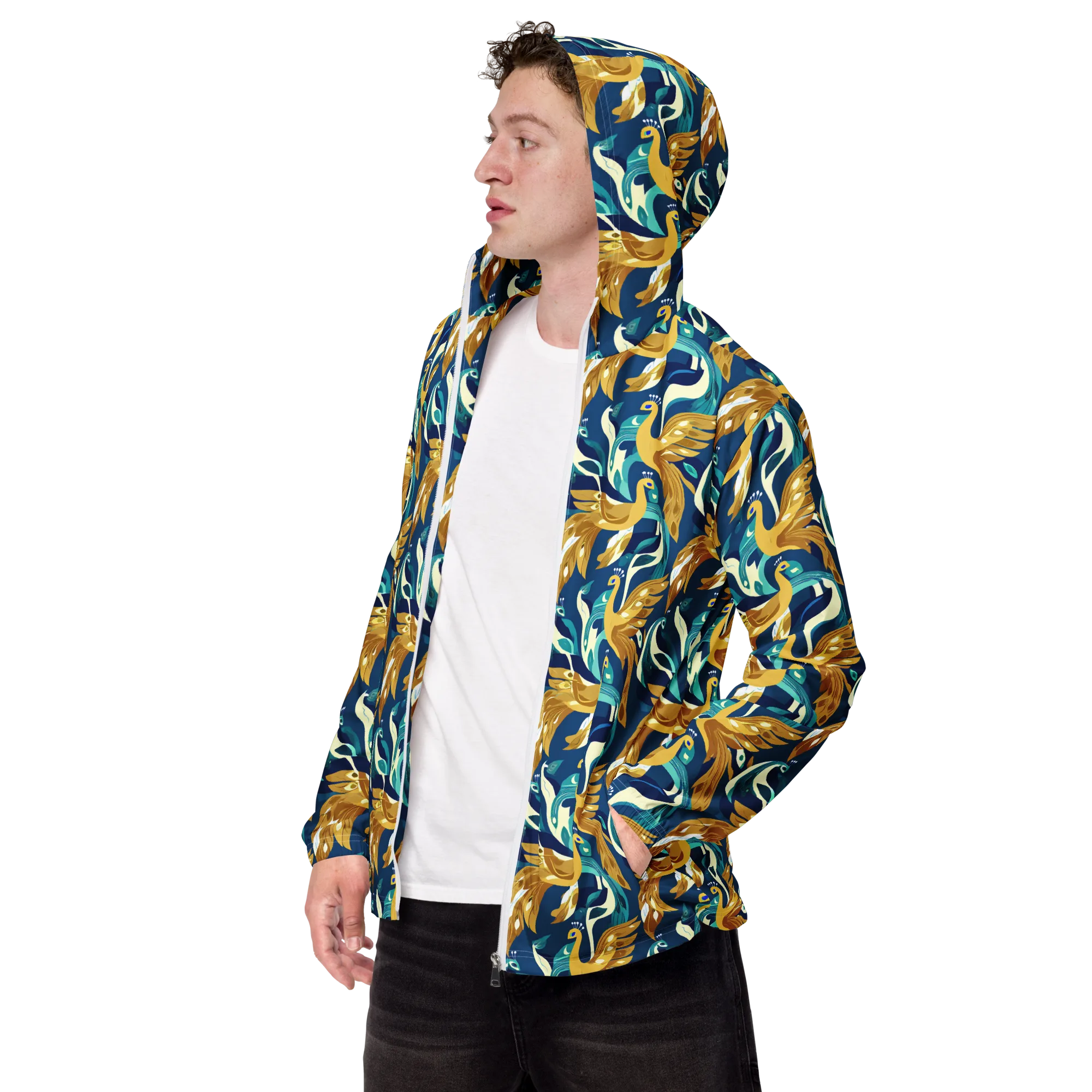 Gilded Peacock Tide on Men's Windbreaker — Left Front