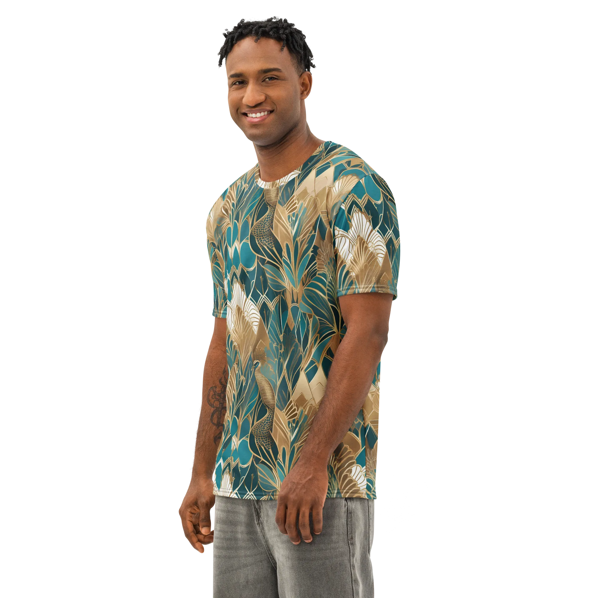 Gilded Peacock Garden on Men's Cotton Crew Neck T-Shirt — Left Front