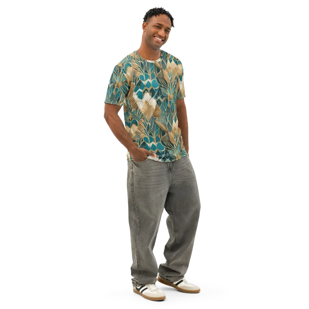 Gilded Peacock Garden on Men's Cotton Crew Neck T-Shirt — Right Front