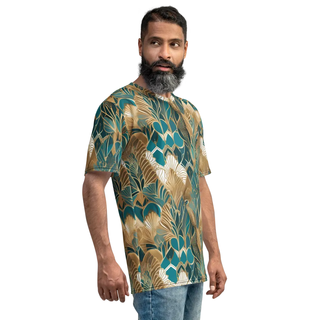 Gilded Peacock Garden on Men's Crew Neck T-Shirt — Right sleeve