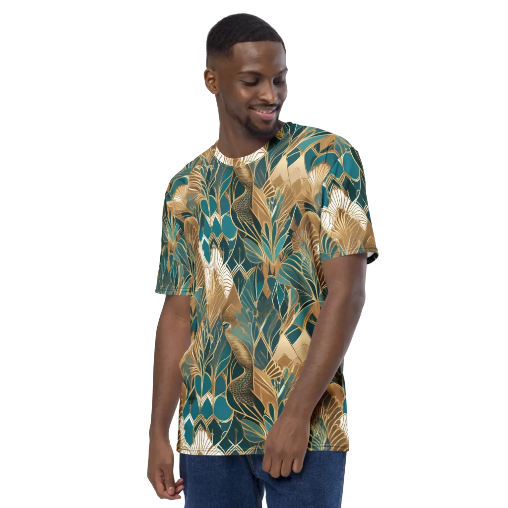 Gilded Peacock Garden on Men's Crew Neck T-Shirt — Left sleeve